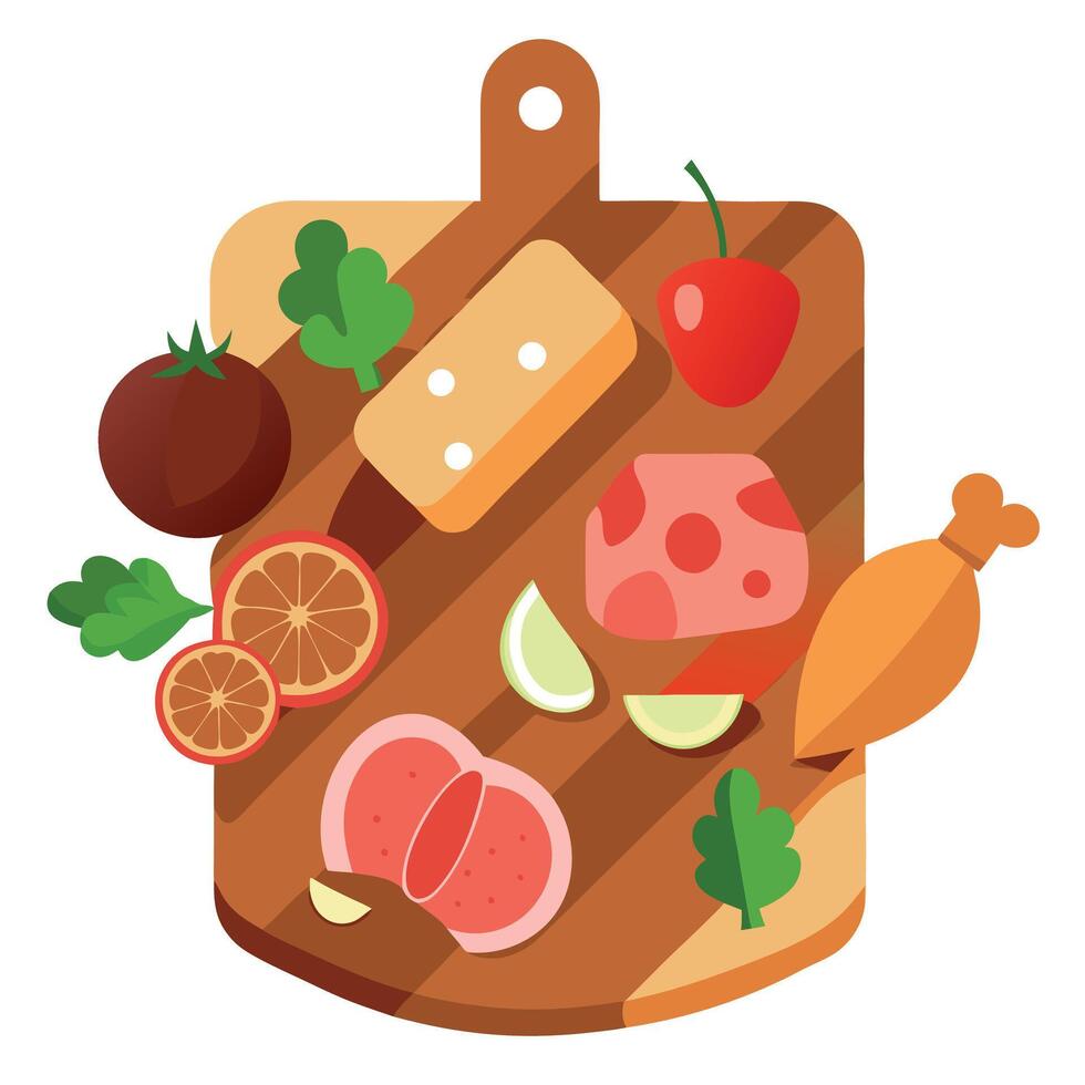 A wooden board with a variety of meats. cheeses. and vegetables vector