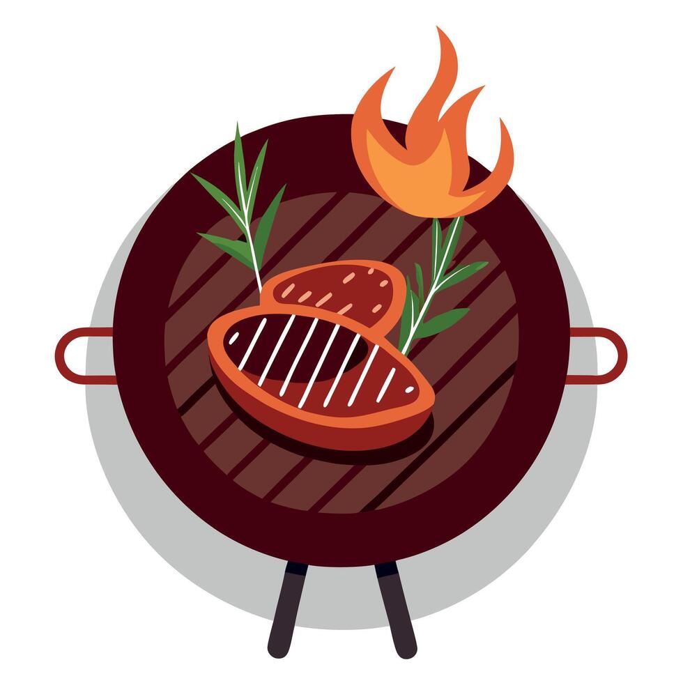 Grilled beef steaks with rosemary and spices on barbecue grill vector