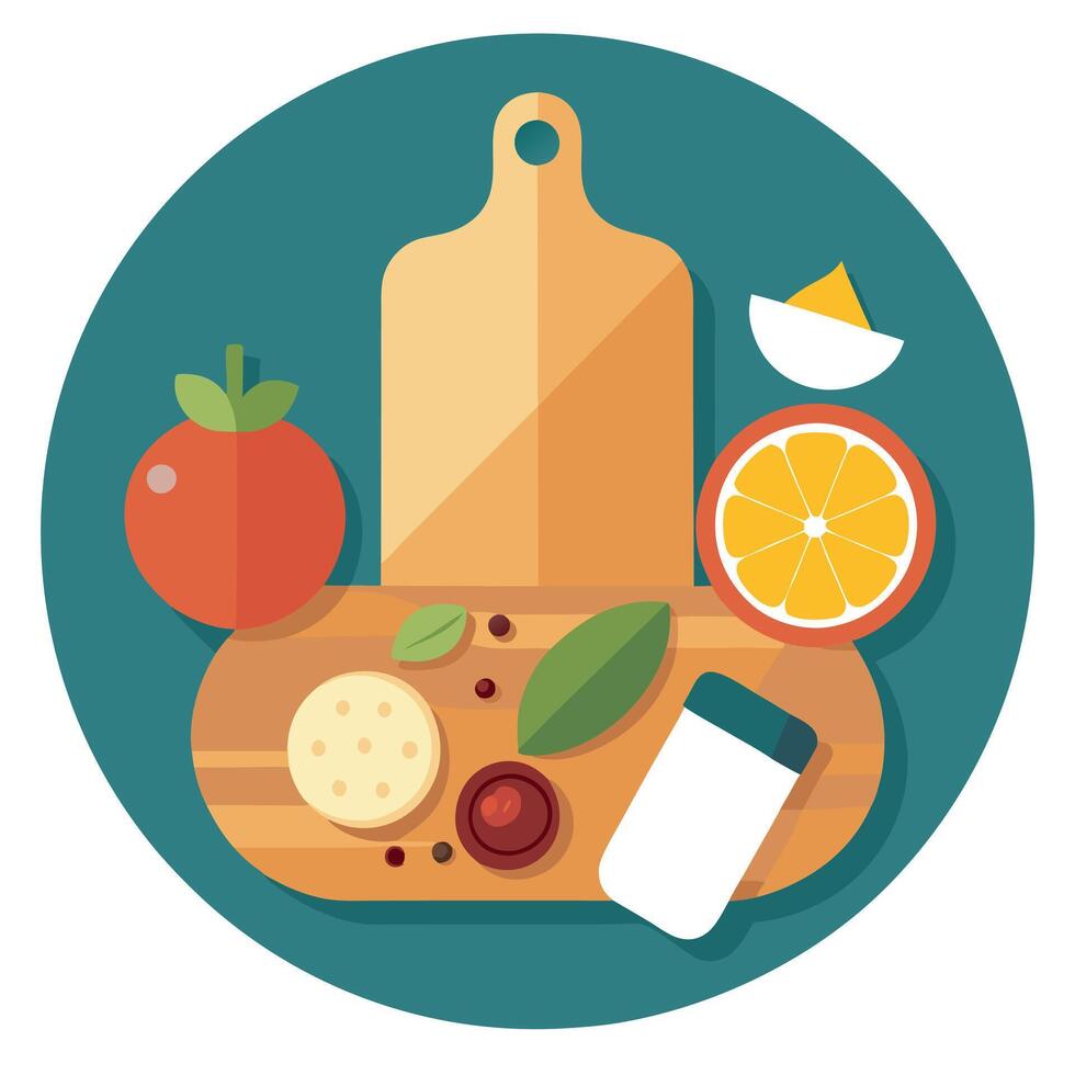 Ingredients arranged on a cutting board on a wooden surface vector