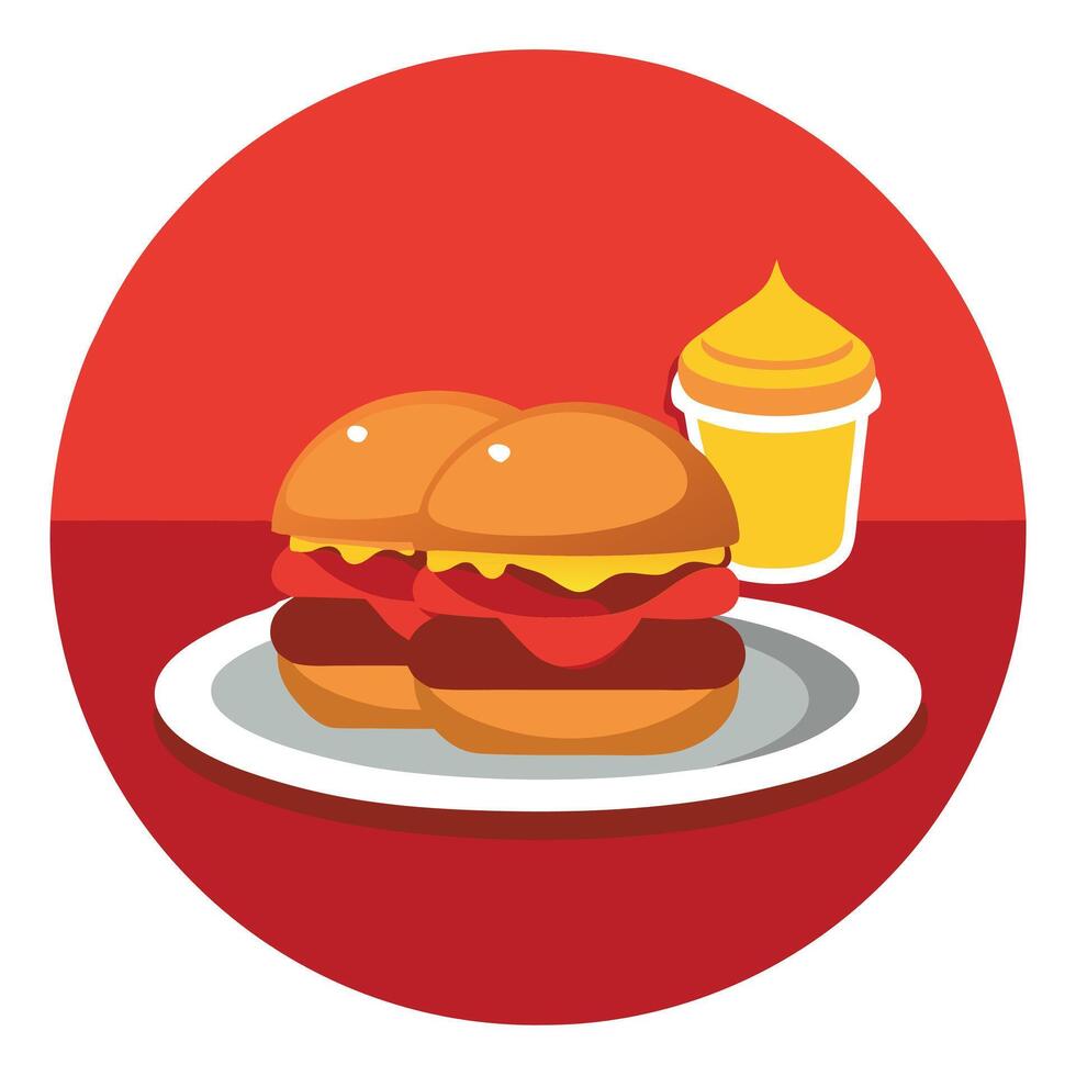 Beef burgers with sauce on plate. red and orange background vector