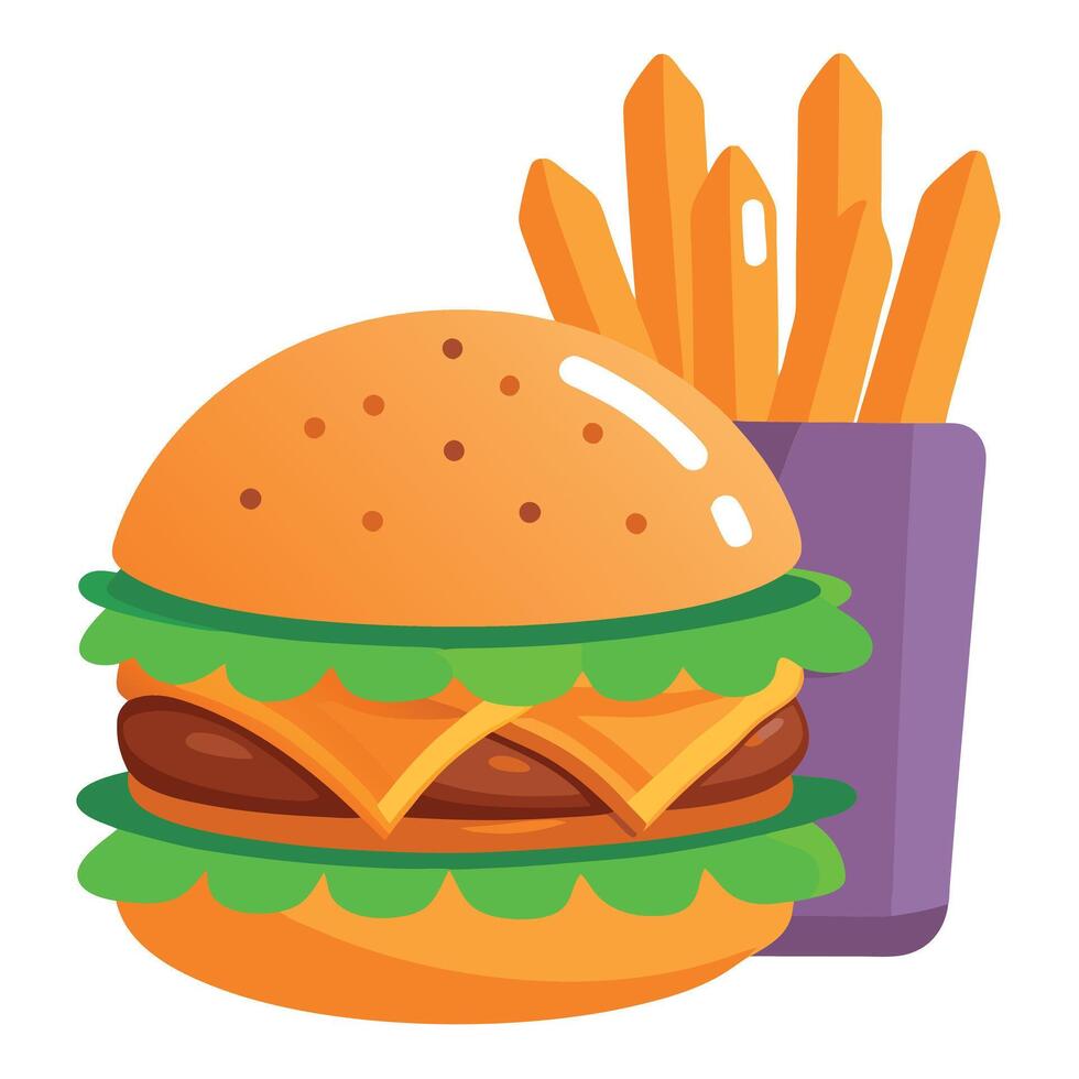 A delicious vegan burger with a side of sweet potato fries. vector