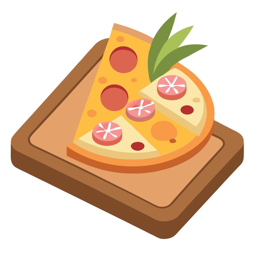 A slice of ham and pineapple pizza served on a wooden board vector