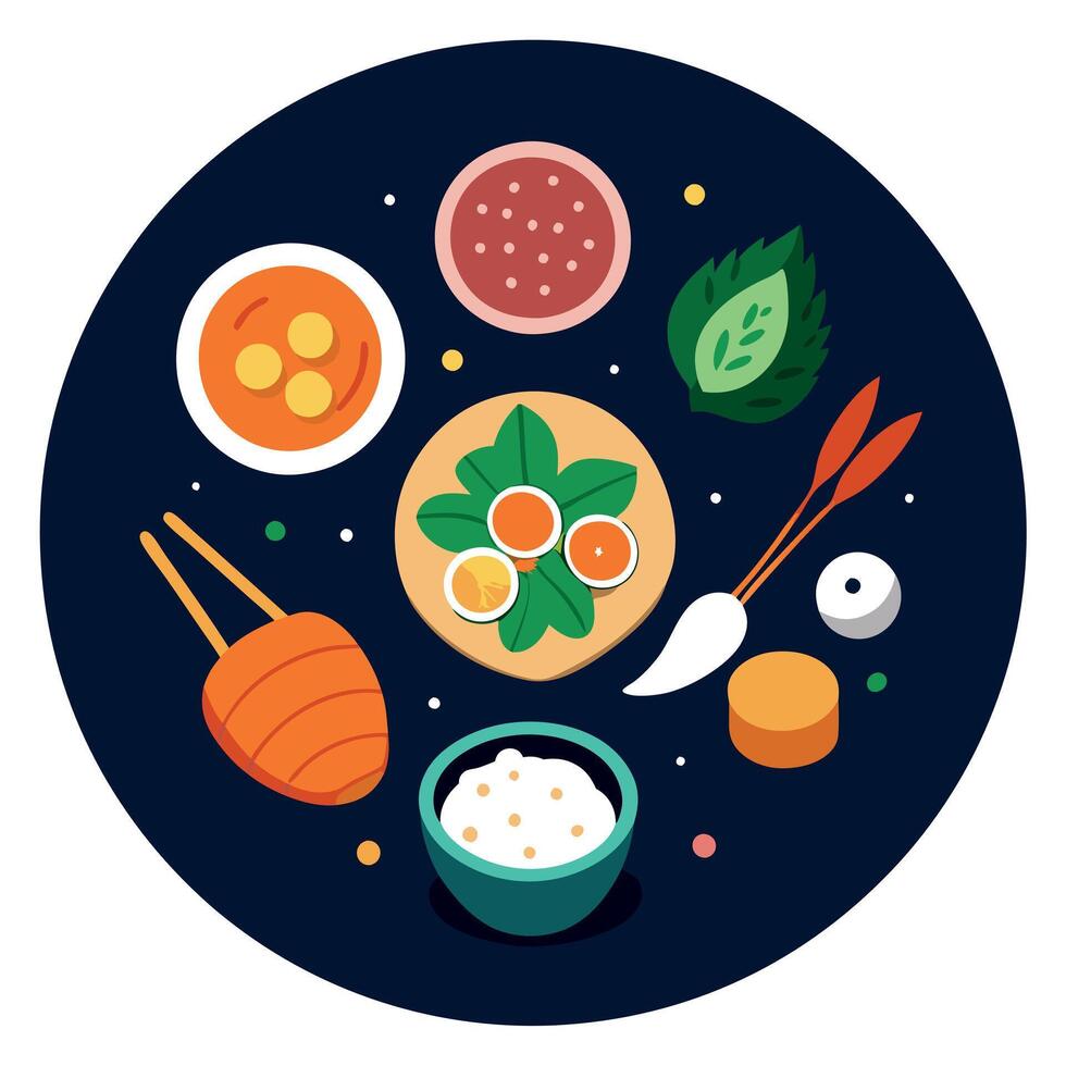High angle Asian food ingredient top view on a dark background vector