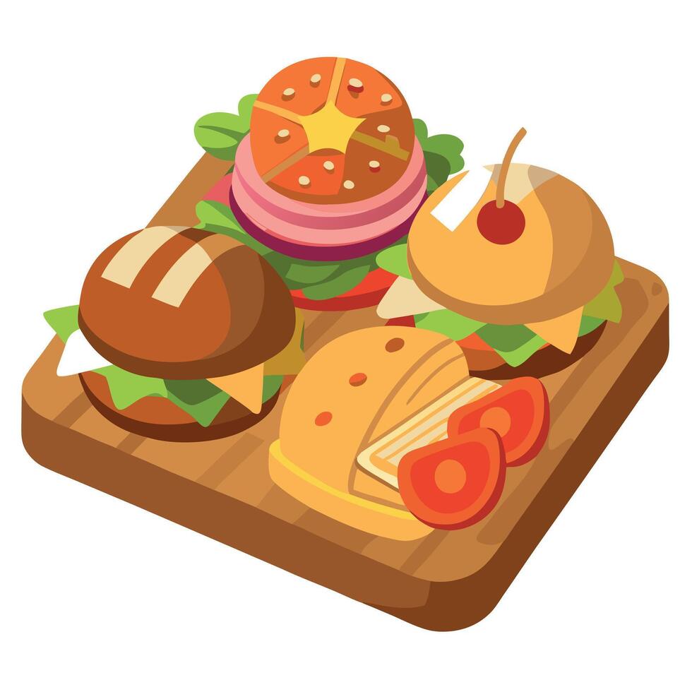 Assorted Tortas with Various Meats and Toppings on Wooden Board vector