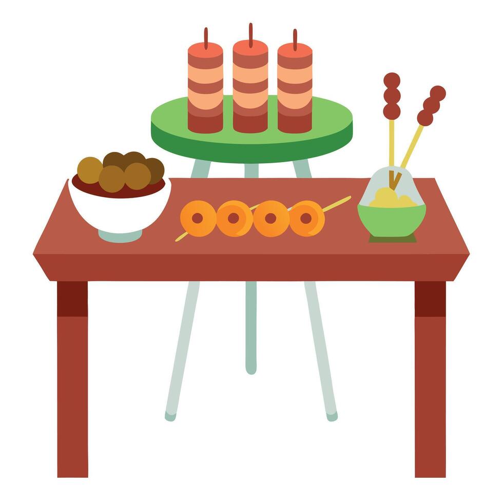 Guest table with small grilled meat skewers and various sauces vector