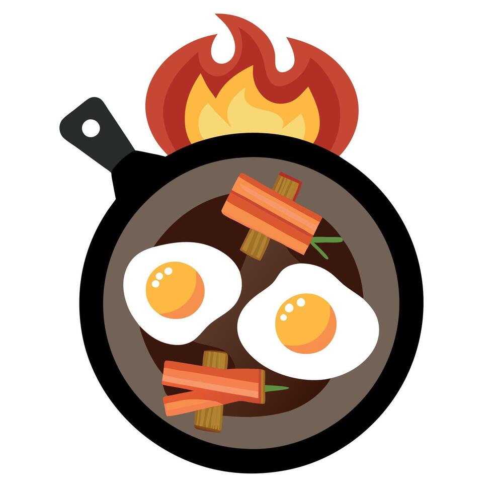 Cast Iron Pan With Sunny Side Up Eggs and Bacon Over a Campfire vector