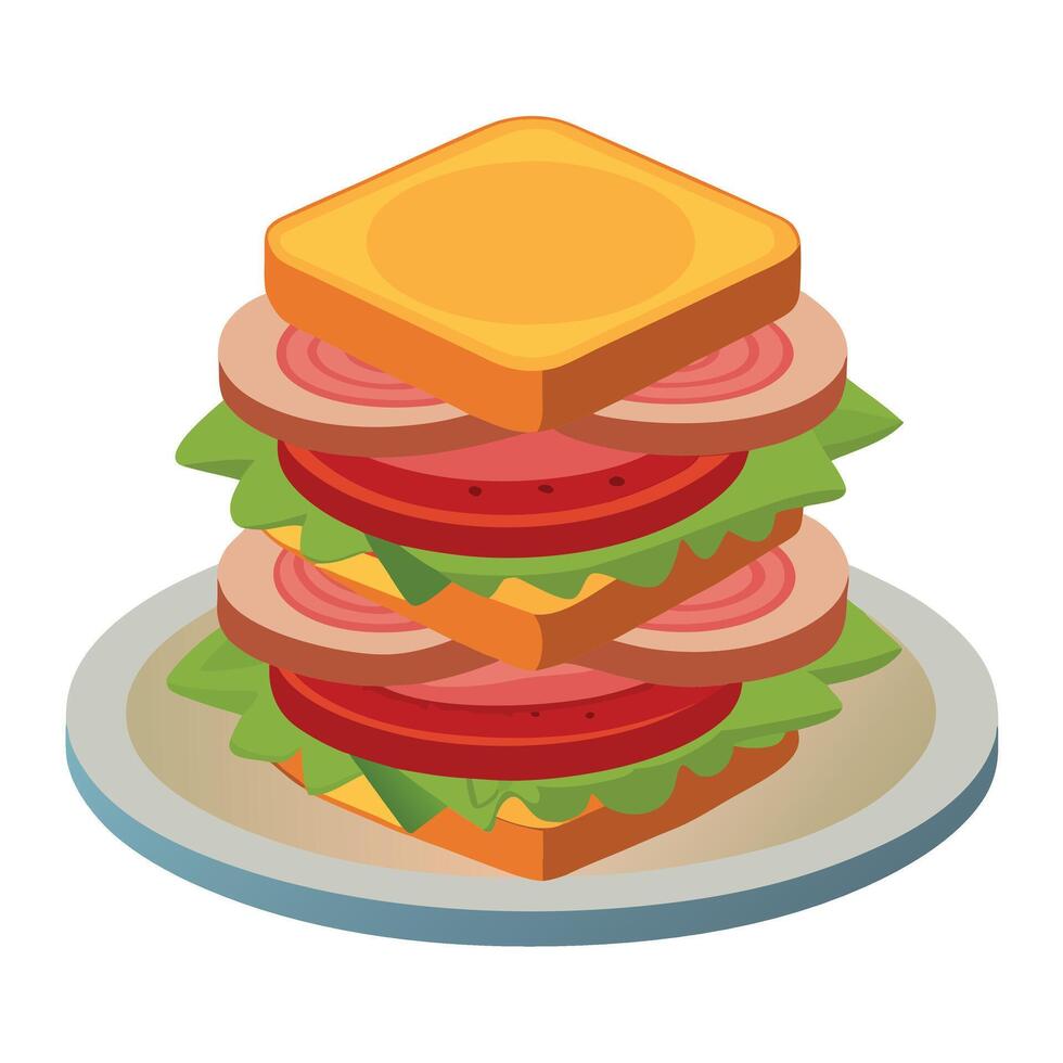 Ham or turkey sandwich stack with tomatoes on plate vector