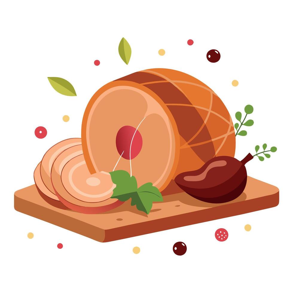 Delicious smoked ham on a wooden board with spices. vector