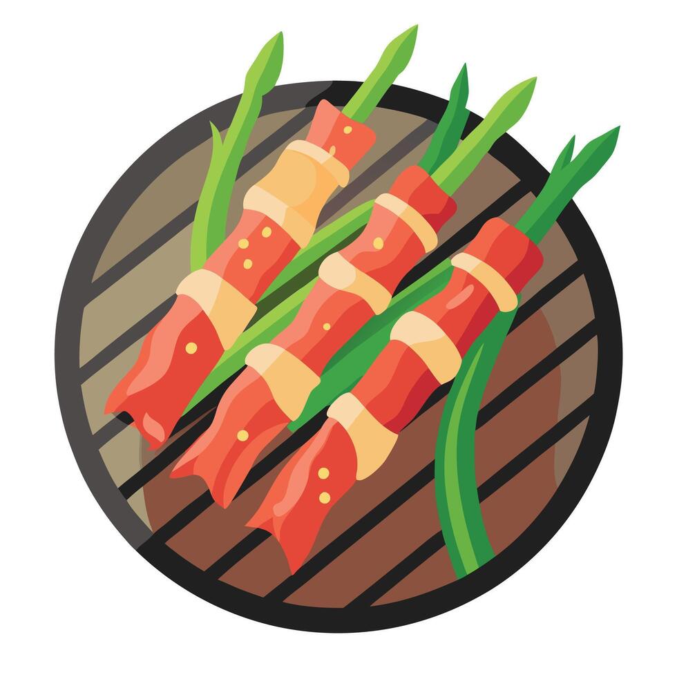 Close up of bacon wrapped asparagus on the grill vector