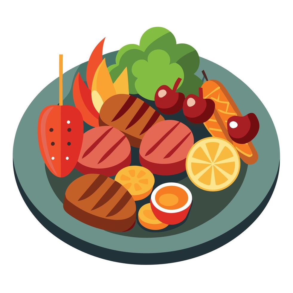 Delicious Grilled Vegetables and Meats on Platters vector