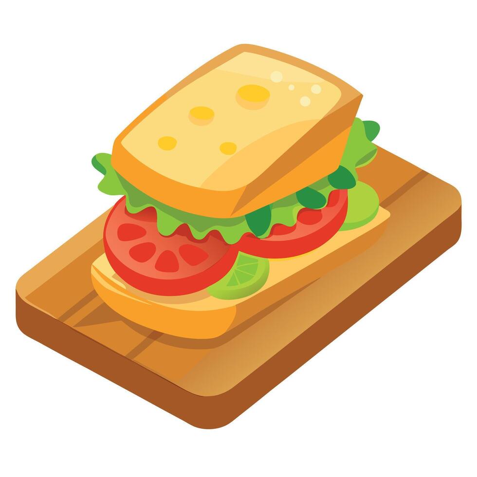 A sandwich with cheese and tomatoes sits on a wooden cutting board. vector
