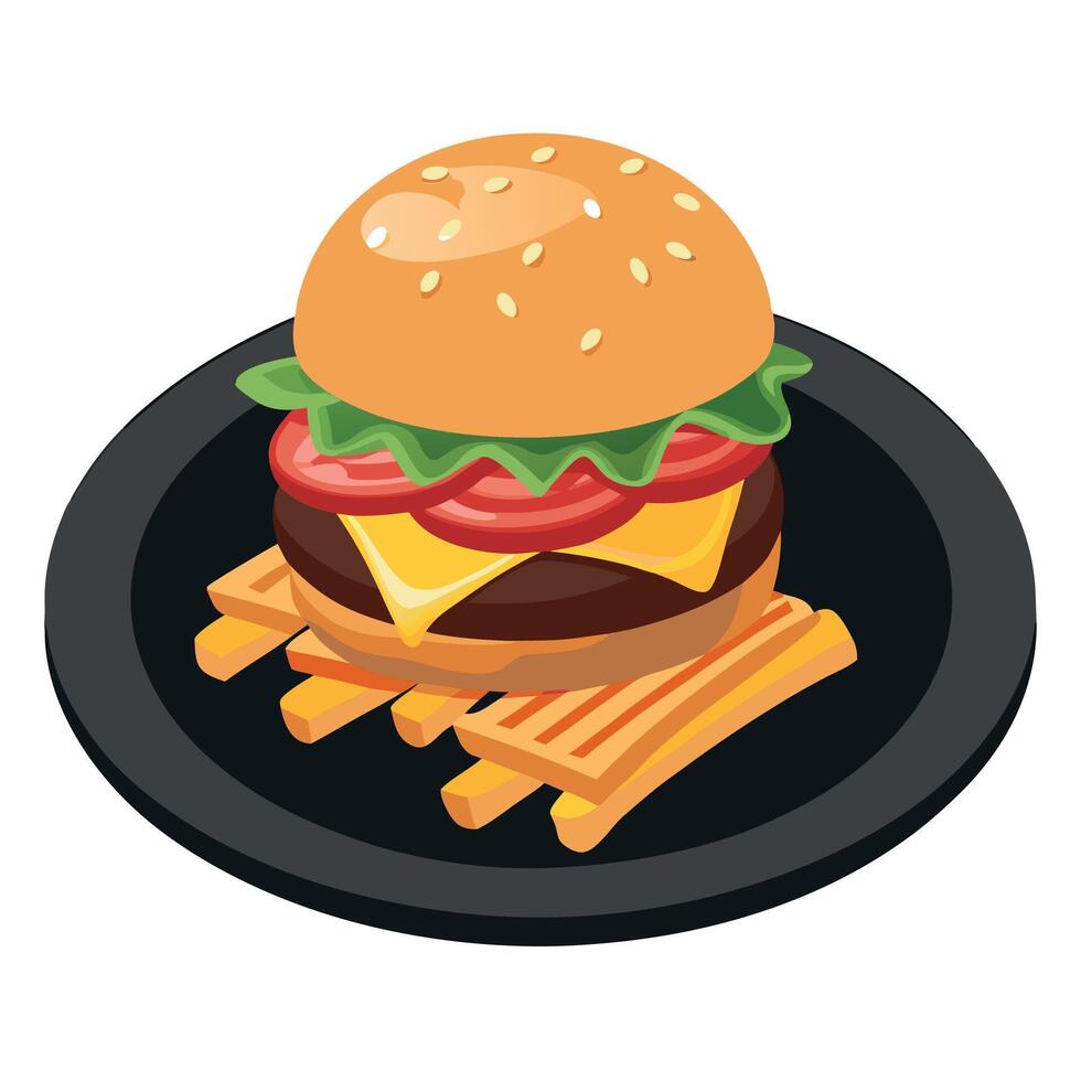 Closeup of a bacon cheeseburger on a toasted bun and french fries on a black plate vector