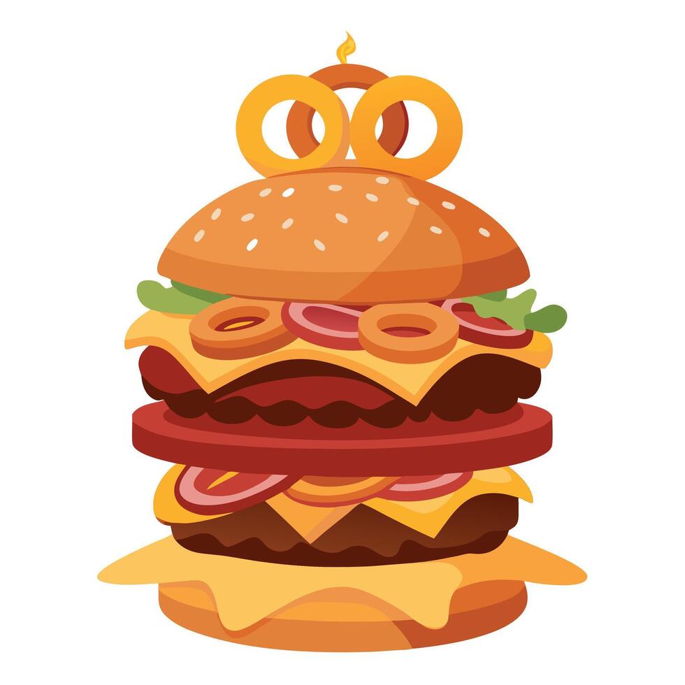 Loaded cheeseburger with onion rings. bacon. BBQ sauce. and fries. vector