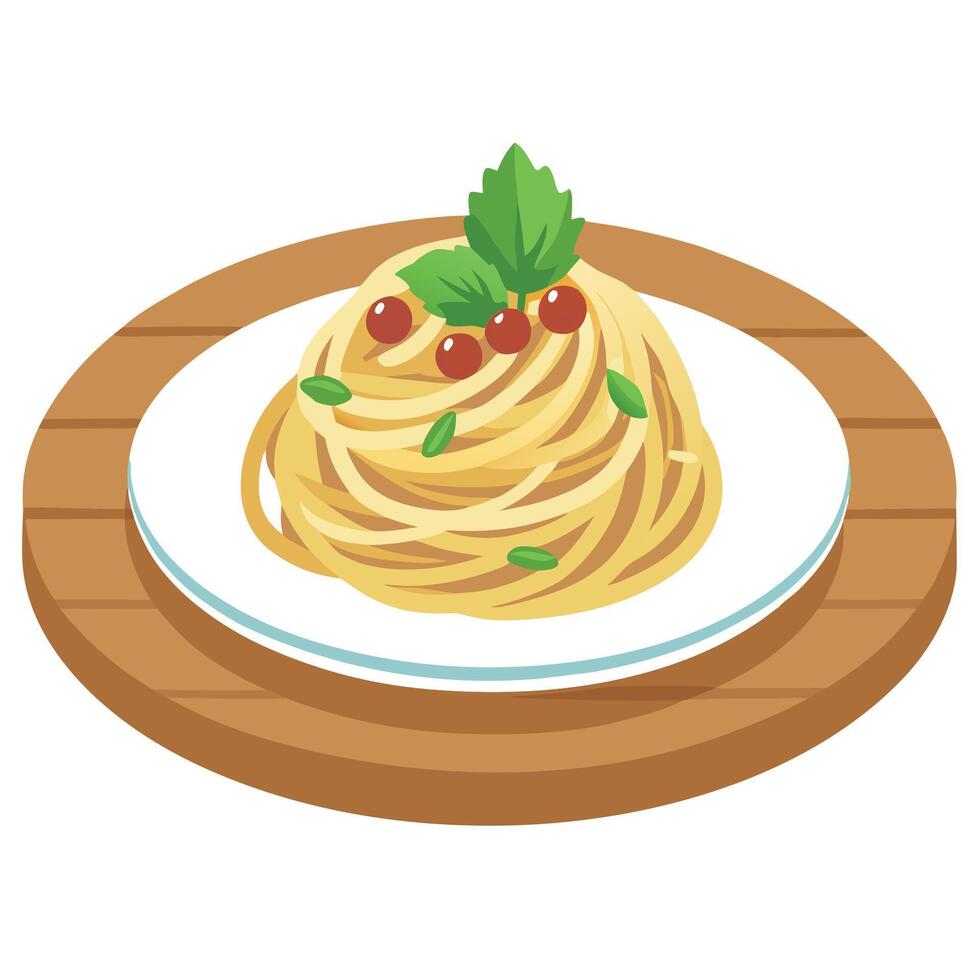 A plate of spaghetti carbonara with parsley garnish on a wooden table. vector