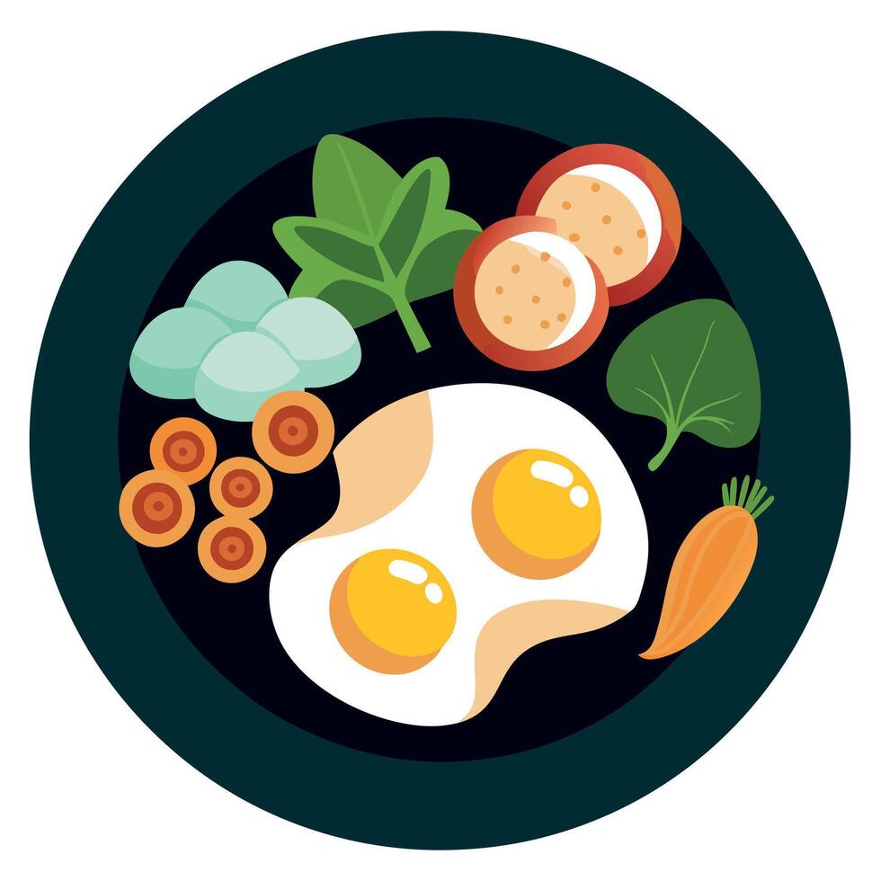 Fried eggs. bacon. mushrooms. potatoes and greens on a dark background vector