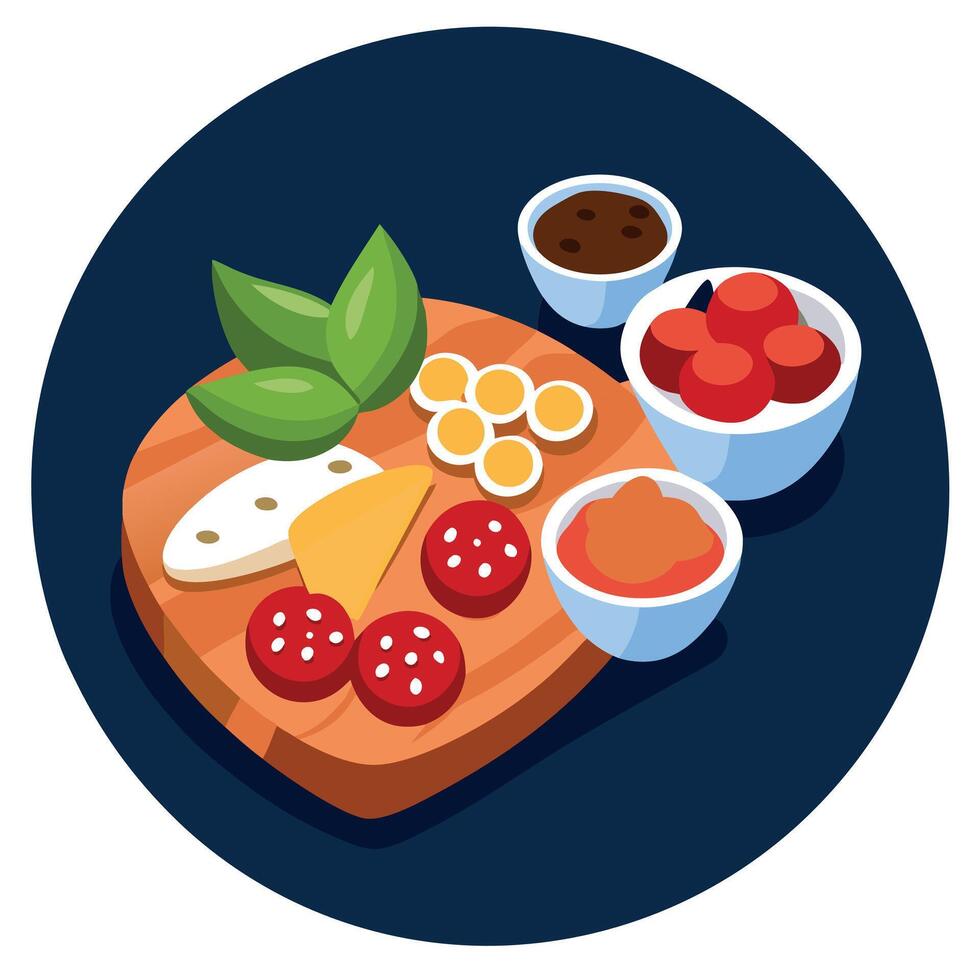 Italian appetizer selection snack board on dark background.Macro. vector