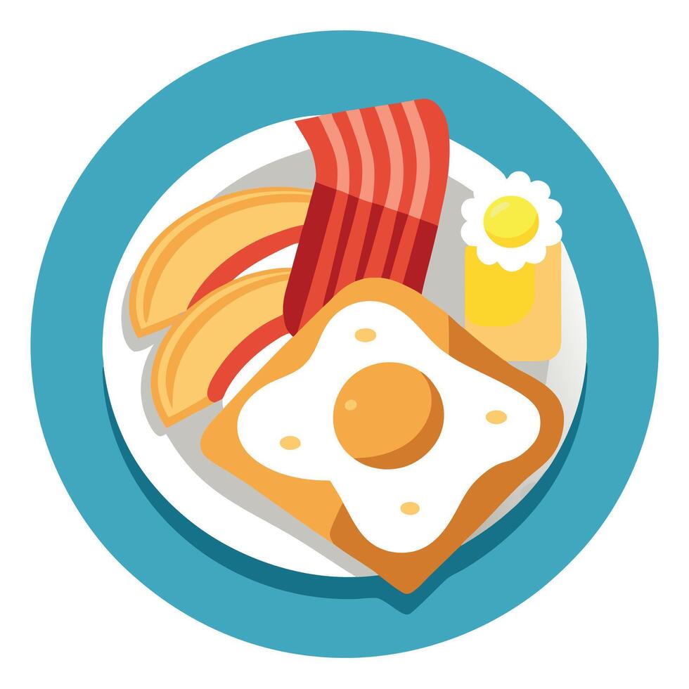 American scrambled eggs with crispy bacon and toast. served on a plate vector