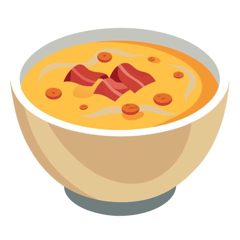 Loaded baked potato soup with bacon in a white bowl on a rustic table vector