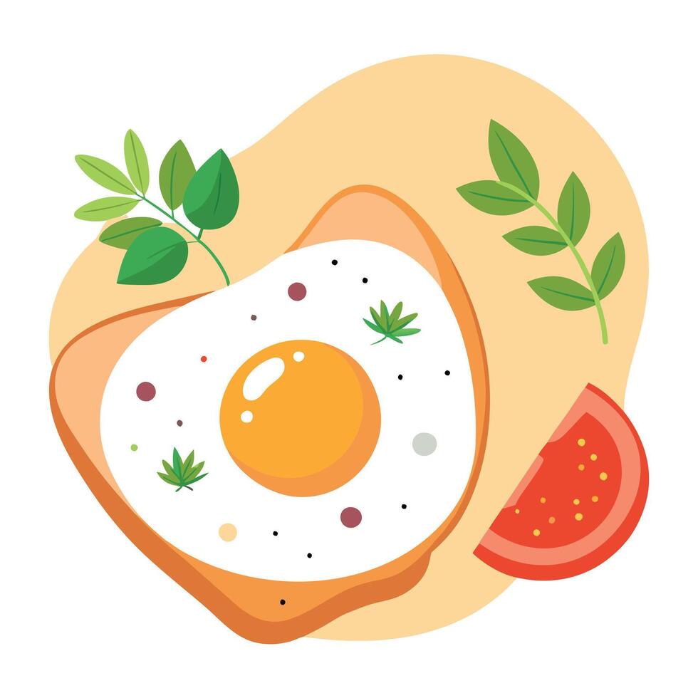 A toasted egg with a sprinkle of herbs and a slice of tomato on top vector
