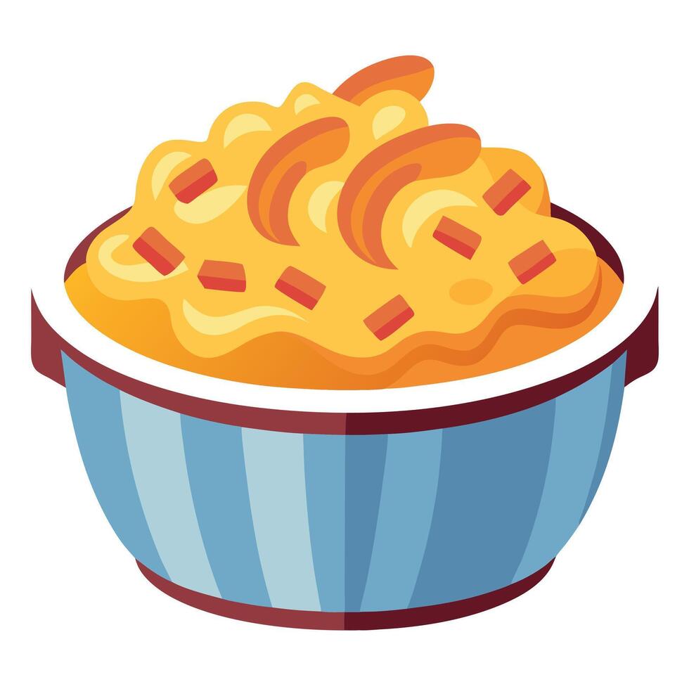 Appetizing mac and cheese in bowl with bacon on top baked in oven. vector