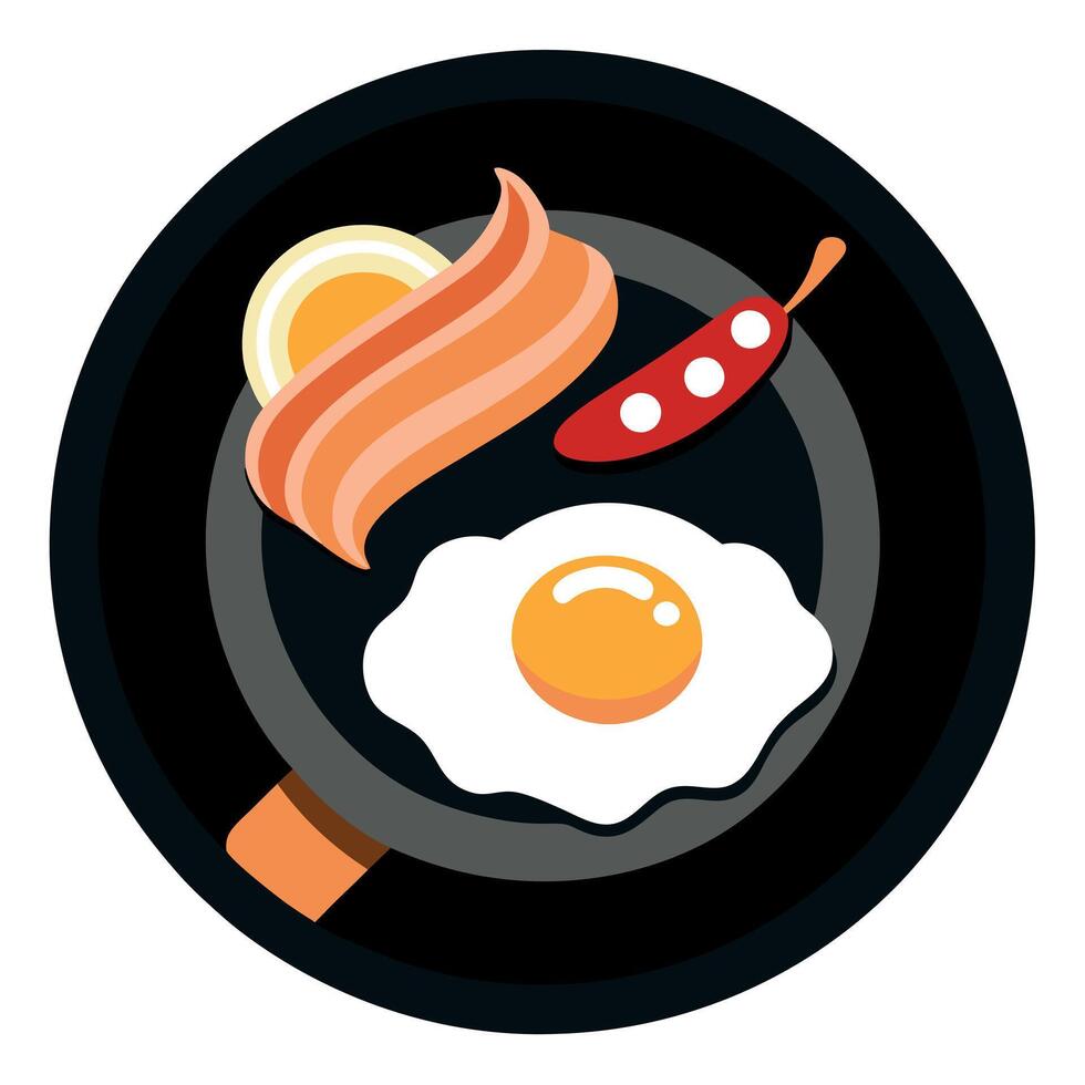 English breakfast. fried egg and bacon on pan. Black background vector