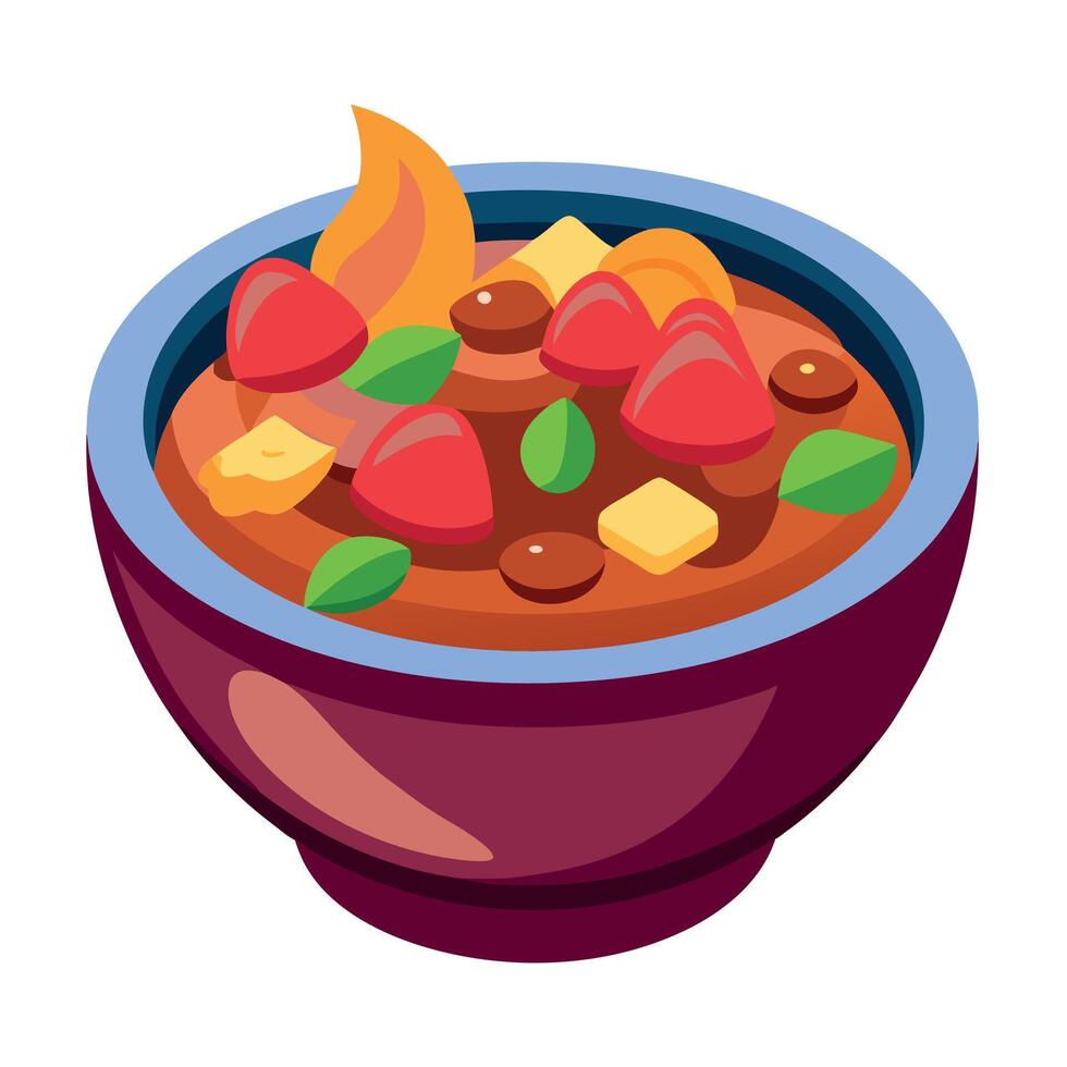 A bowl of hearty stew with chunks of meat and colorful vegetables. vector