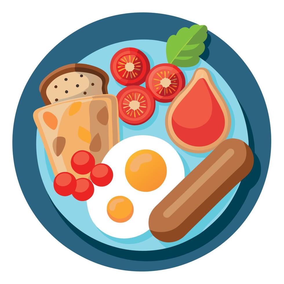 Fresh english breakfast with sausage eggs toast beans and tomatos vector
