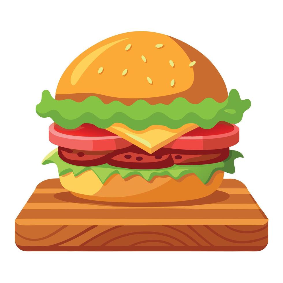Delicious gourmet burger with lettuce and bacon on a wooden table vector