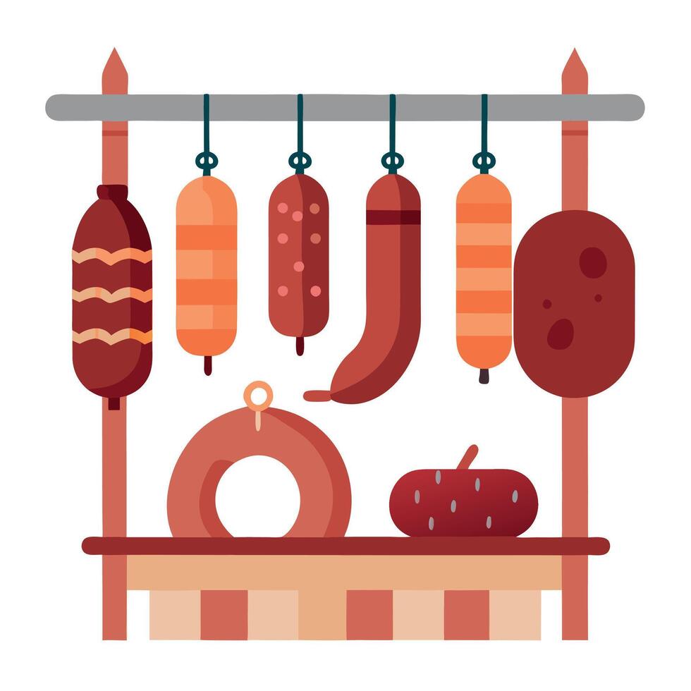 Hung sausages on a rack. variety of sizes and types of cured meats vector