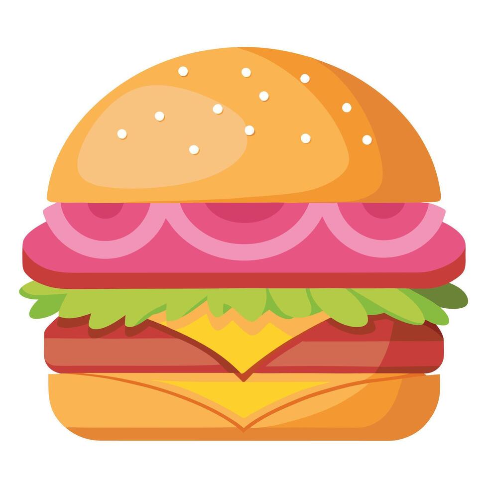 Gourmet burger with pink bun and bacon. topped with vibrant condiments vector