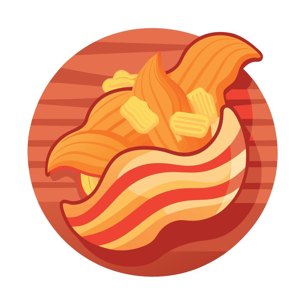 Crispy potato chips with smoked bacon on rustic wooden background vector