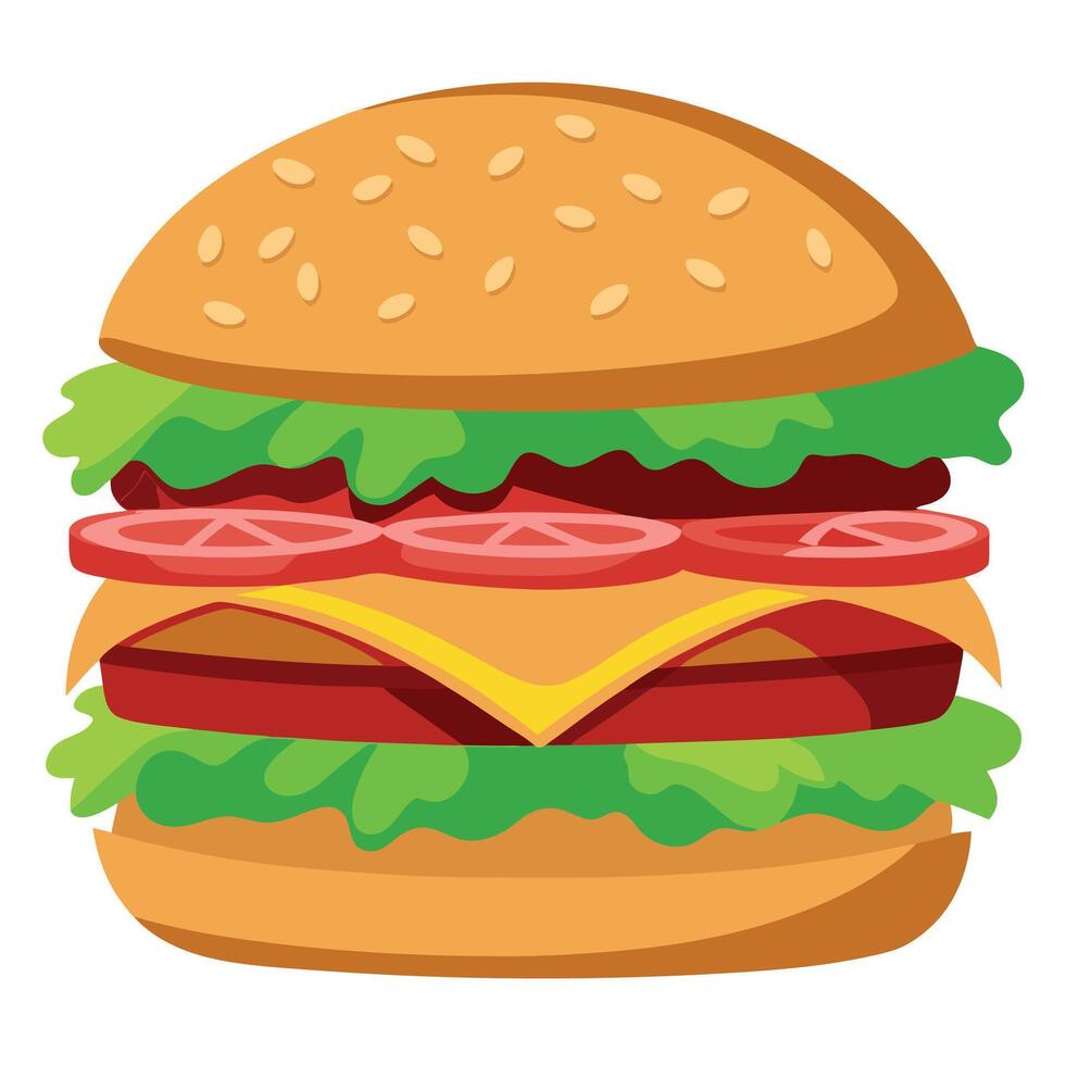 Juicy Cheeseburger With Layers Of Bacon. Lettuce. Tomato And Onion vector