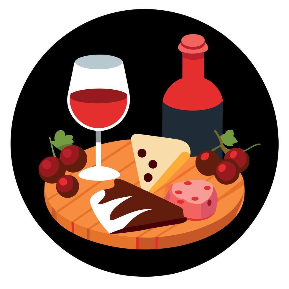 Gourmet Cheese and Charcuterie Board with Red Wine on Black Background vector