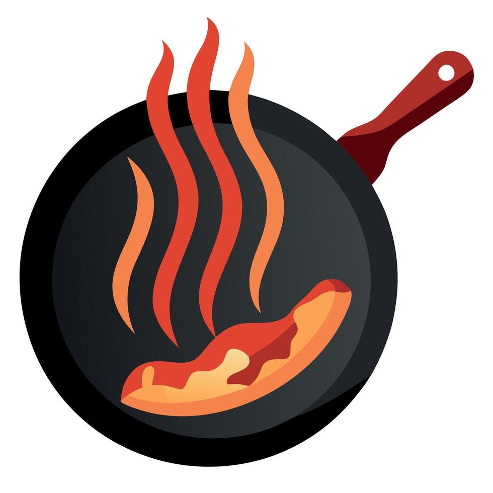 Close-up of sizzling bacon in a frying pan vector