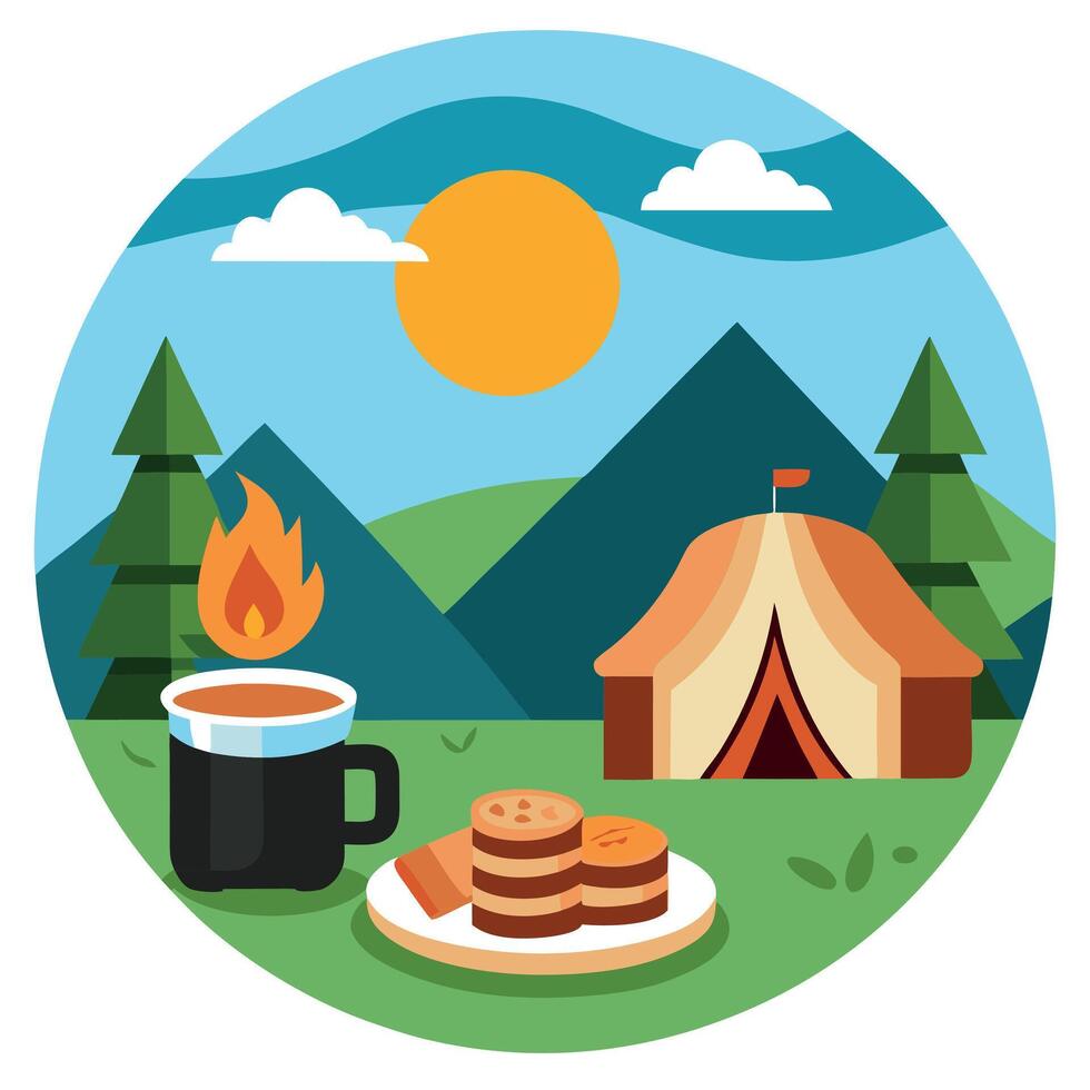 Breakfast at the campsite bacon and pancakes vector