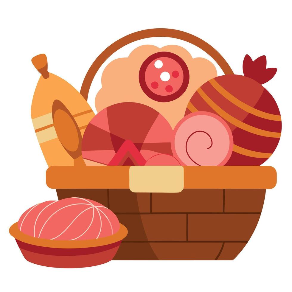 A basket of ham and other meats on a table. vector