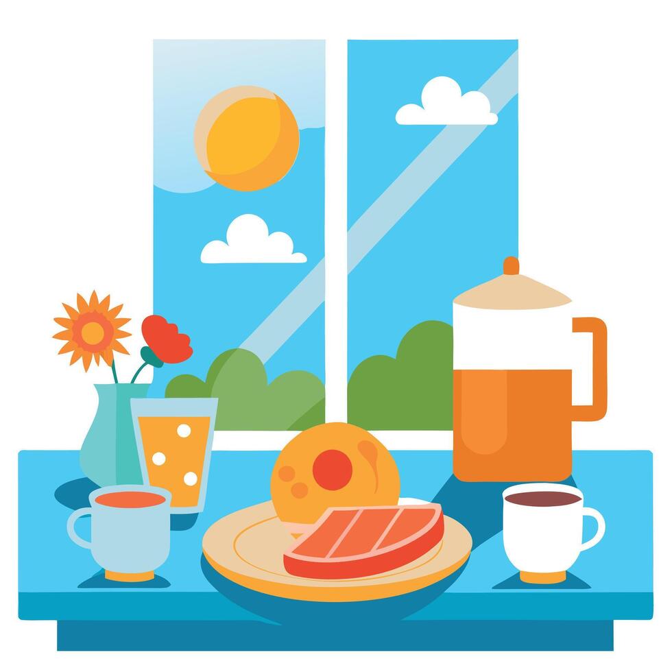 A Sunny Breakfast Spread Near a Window vector