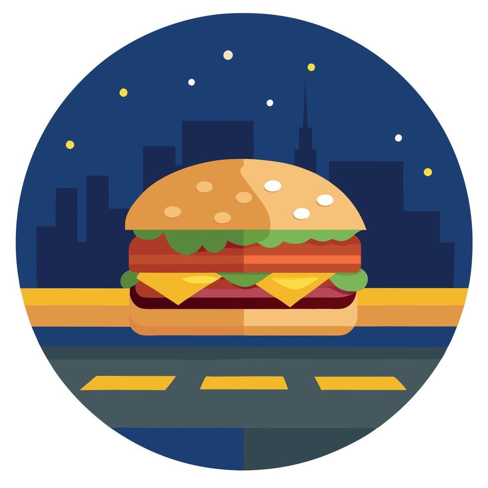 Hamburger on the street at night. close-up. vector