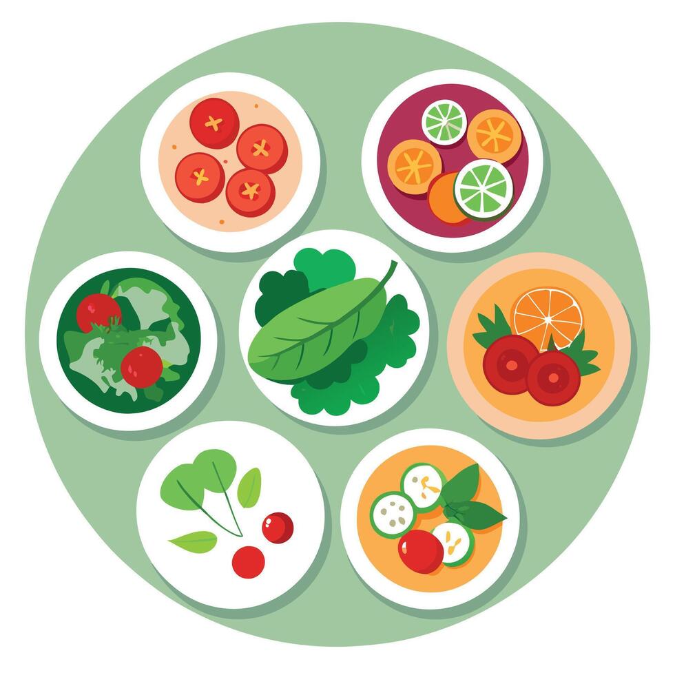 A set of plates with salad assorted with vegetables vector