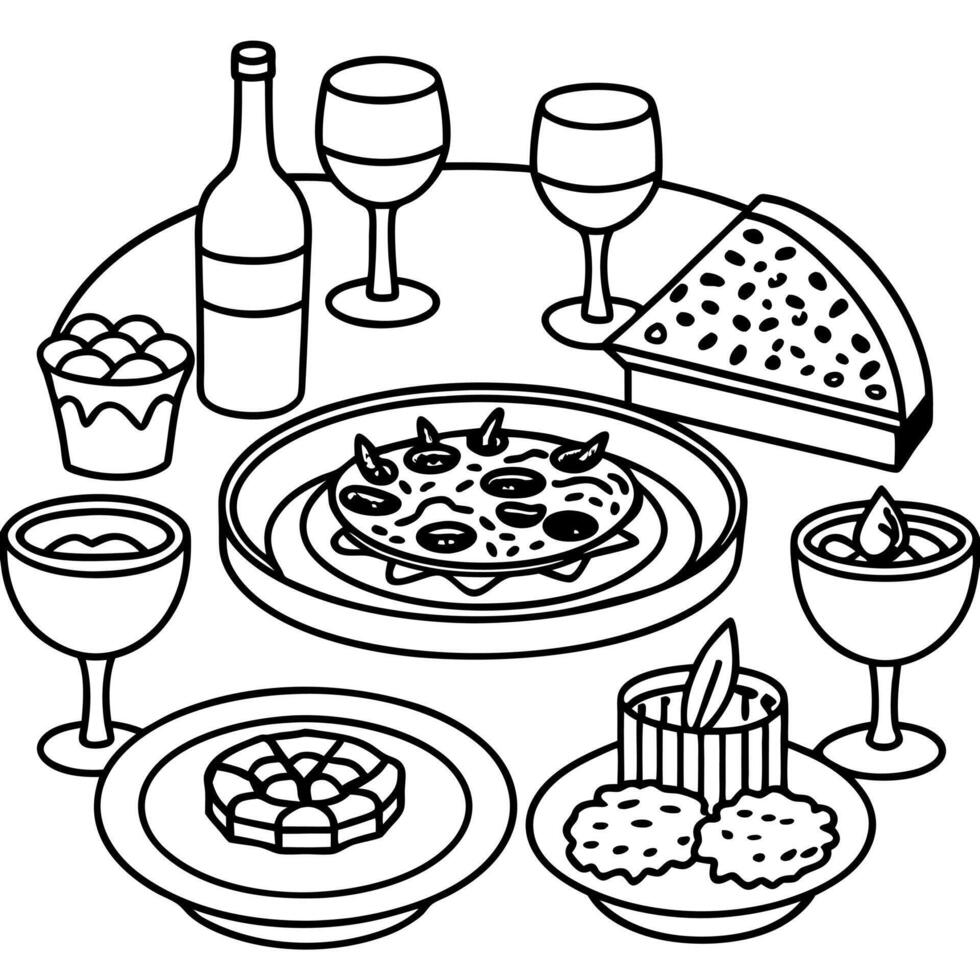 Full table of Italian dishes on plates on a set table. Pizza. risotto. jamon. Appetizers. main cours vector