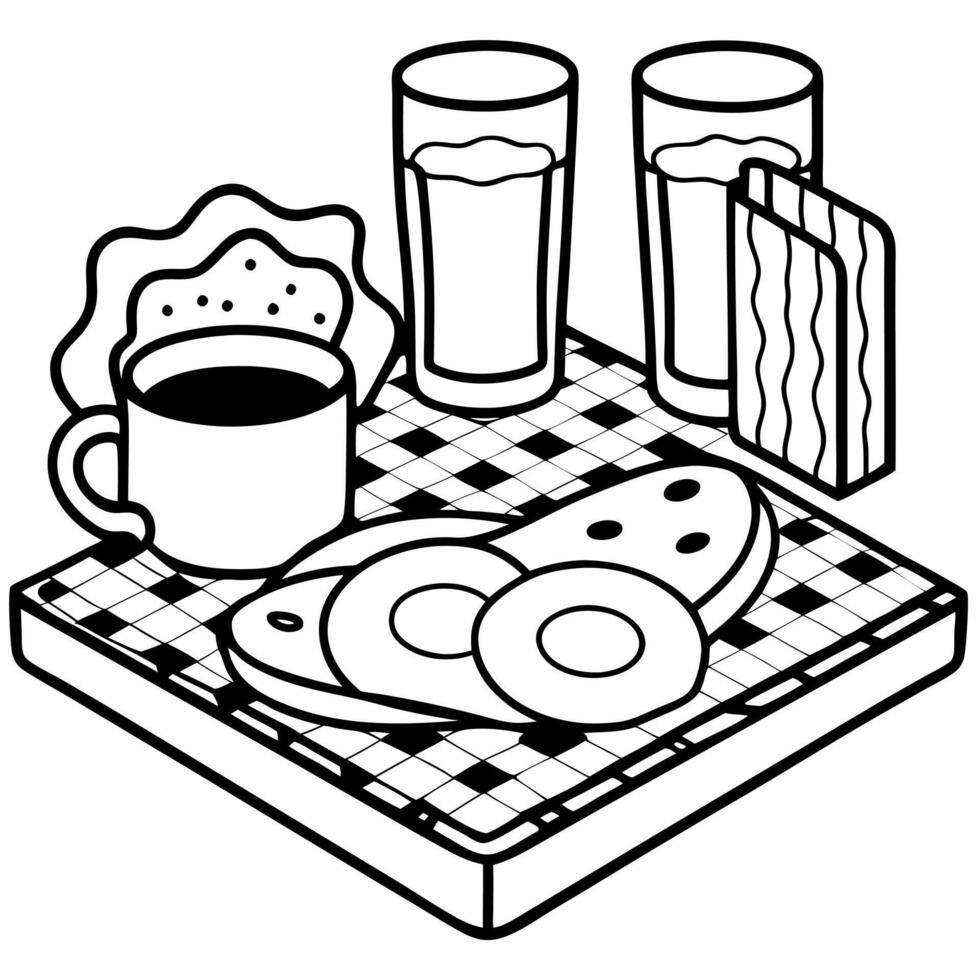 A delicious breakfast with eggs. bacon. toast. and fresh juice on a checkered tablecloth in a cozy k vector