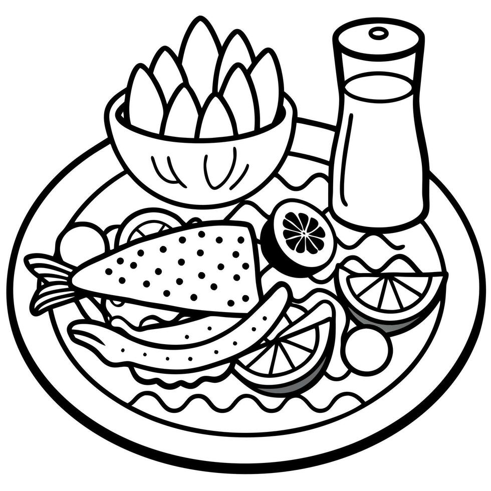 A classic British fish and chips meal served on a white plate with peas. lemon. and condiments on a vector