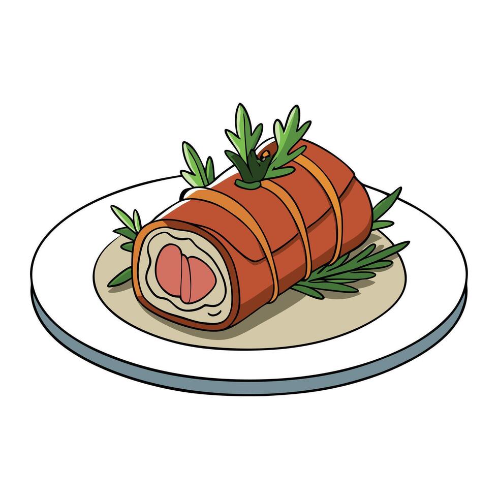 Gourmet dish featuring roasted meat wrapped in bacon. garnished with herbs. served in an elegant res vector
