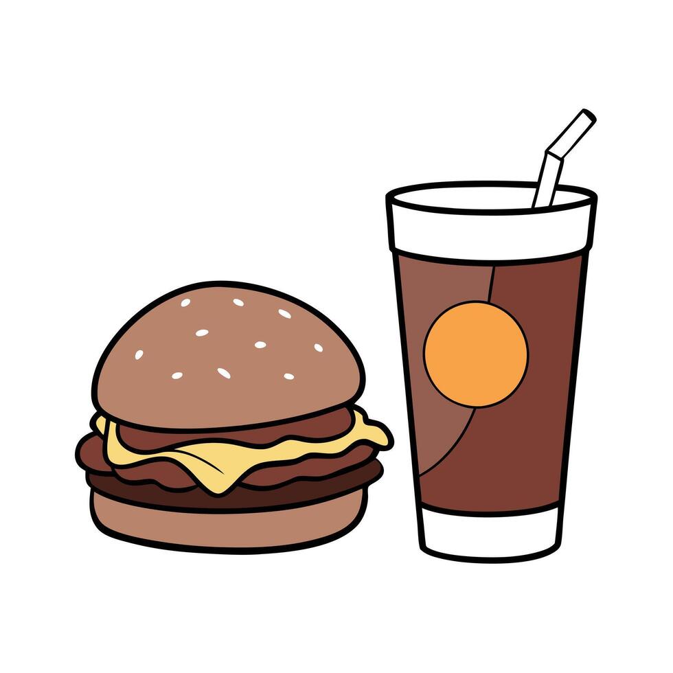 A tempting breakfast featuring a bacon and egg burger with hash browns. paired with a refreshing cho vector