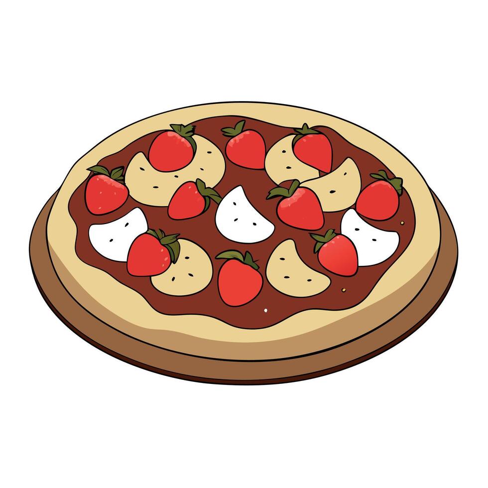 A dessert pizza topped with Nutella. strawberries. and bananas. almost too pretty to eat but too tem vector