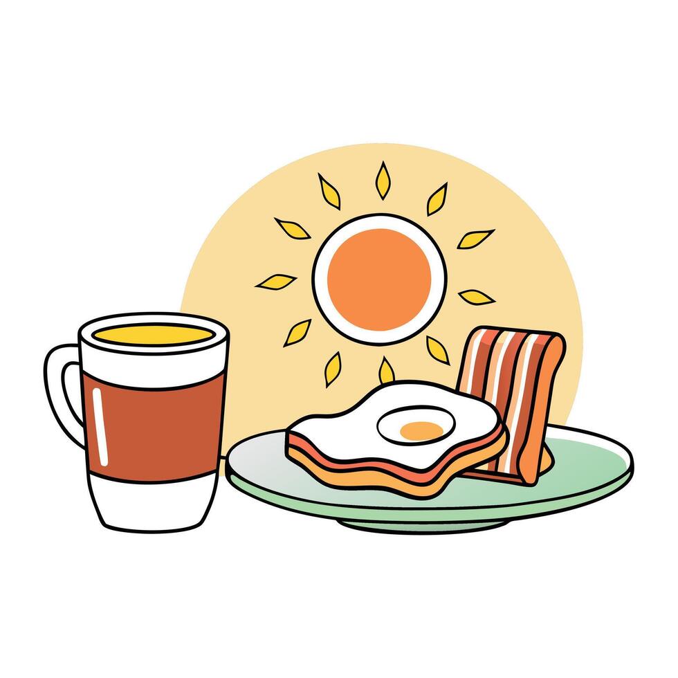 Delicious breakfast with fried egg. crispy bacon. and toast on a plate with a cup of coffee against vector