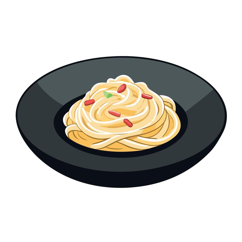 Close-up of creamy carbonara pasta garnished with parsley and bacon on a dark plate with a warm. blu vector