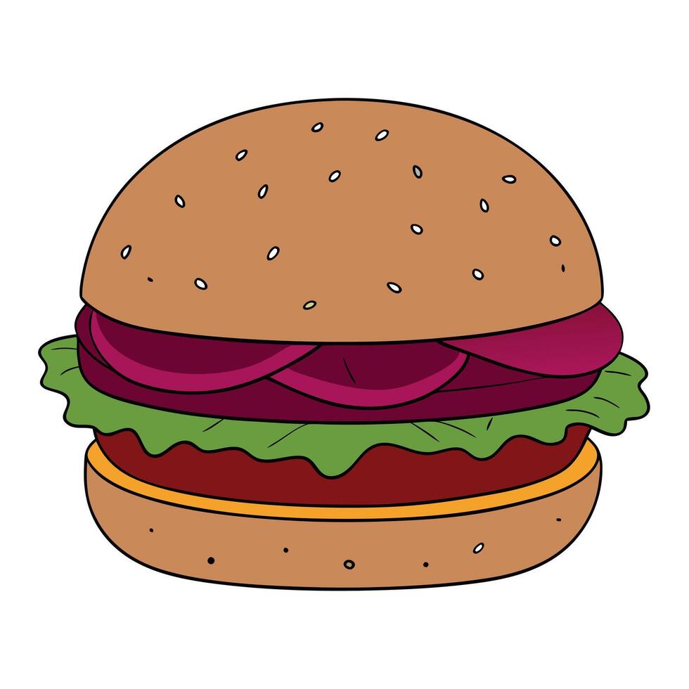 Close-up shot of a vegan burger with a beetroot patty and all the traditional fixings. displayed on vector