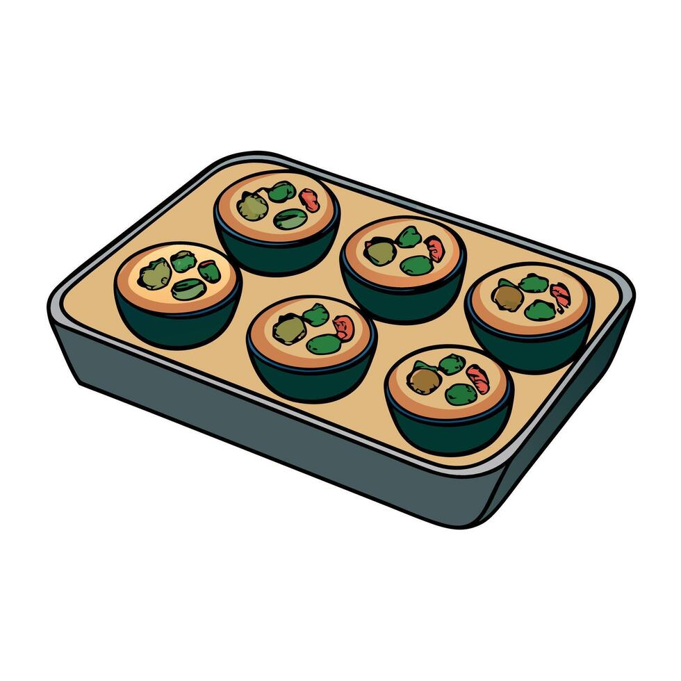 Closeup of a tray of mini paleo quiches. made with a grainfree crust and filled with spinach. mushro vector