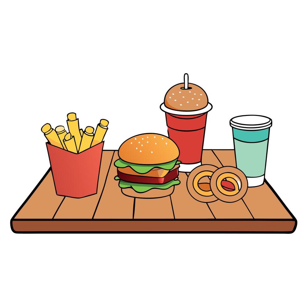 A delicious spread of burgers. fries. onion rings. and drinks on a wooden table. perfect for fast fo vector